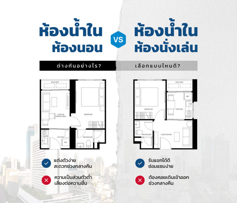 เลือกแปลนคอนโด เจาะลึกข้อดีข้อเสียตำแหน่งห้องน้ำในและนอกห้องนอน