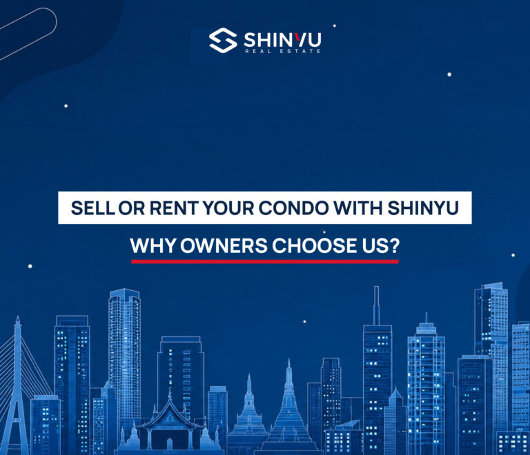 Bangkok condo sales and rental service for foreign owners — Shinyu Residence square banner with Bangkok skyline